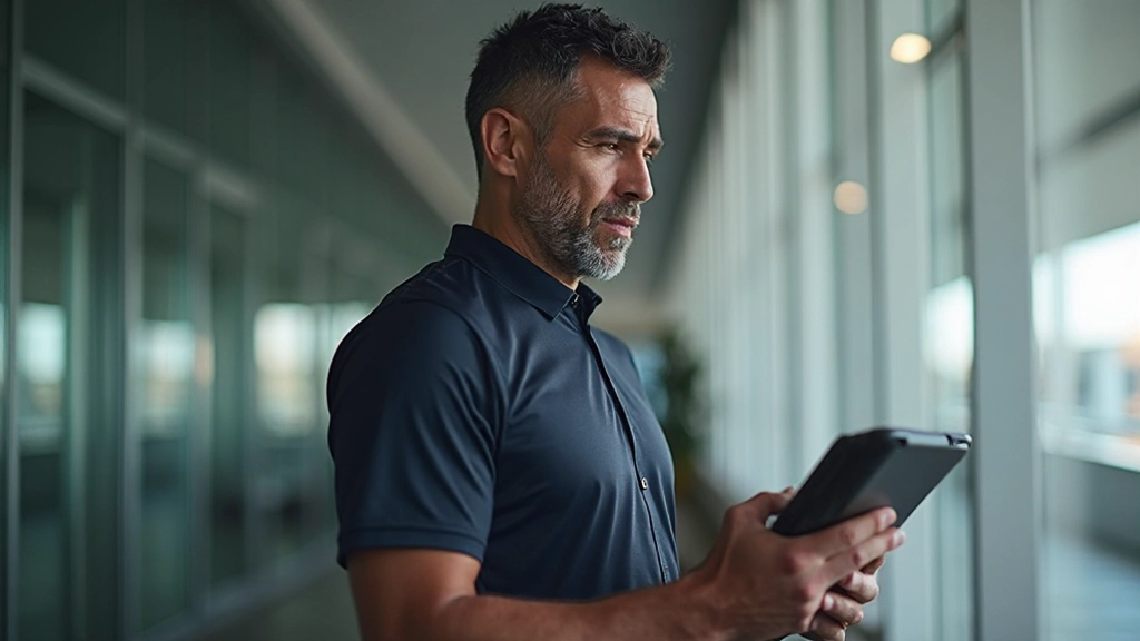 صورة مدرب يسجل نتائج الاختبارات وتقييم الأداء على جهاز لوحي رقمي