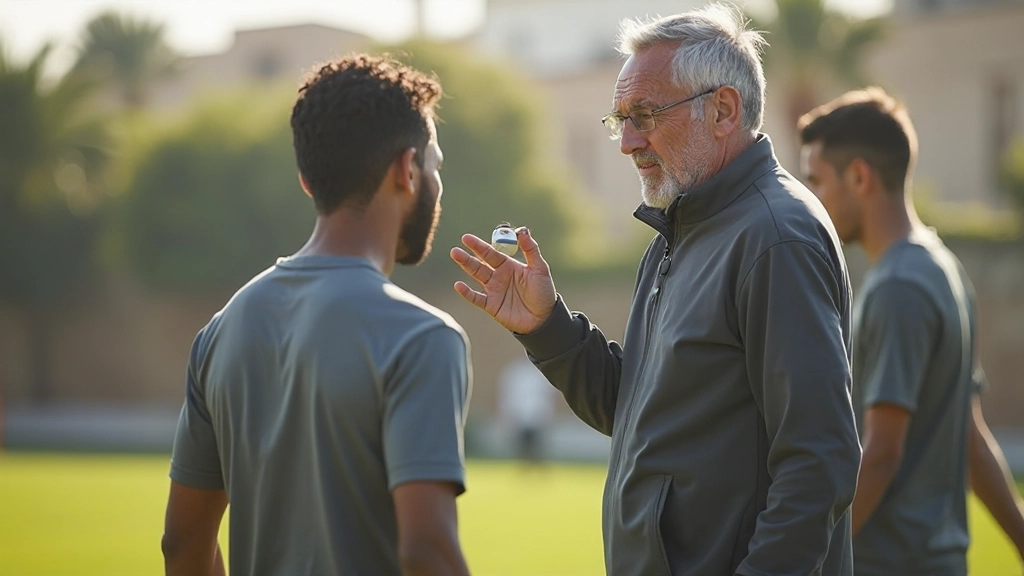 مدرب كرة قدم محترف يوضح تقنية التمرير للاعبين في ملعب حديث مع خط التنس الأبيض