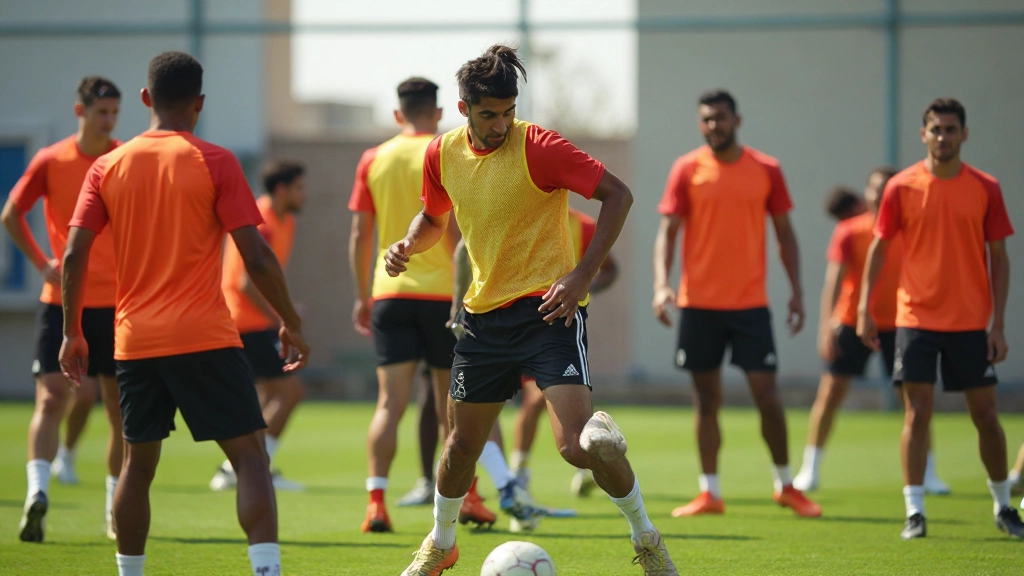 مجموعة من لاعبي كرة القدم يقومون بتمارين تقوية منظمة في الملعب