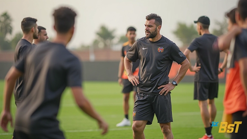 فريق كرة قدم احترافي يقوم بجلسة تدريب منظمة تحت إشراف مدرب متخصص في ملعب معياري