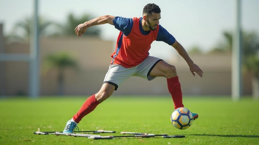 لاعب كرة قدم يؤدي تمرين السرعة والرشاقة على الملعب
