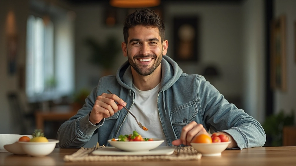 لاعب كرة قدم يستريح ويتناول وجبة صحية متوازنة