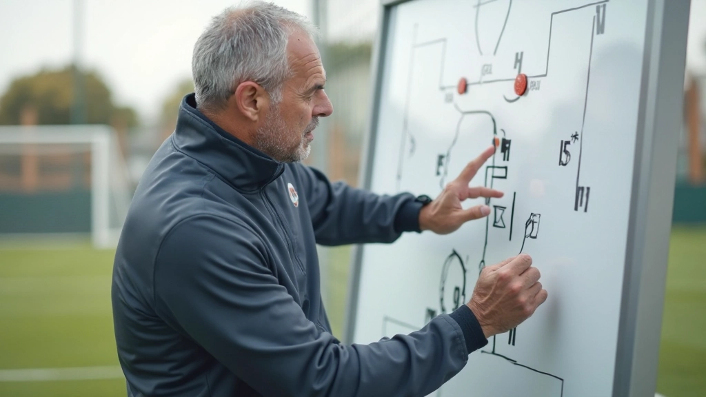 مدرب كرة قدم يشرح التكتيكات للاعبين على السبورة في ملعب حديث