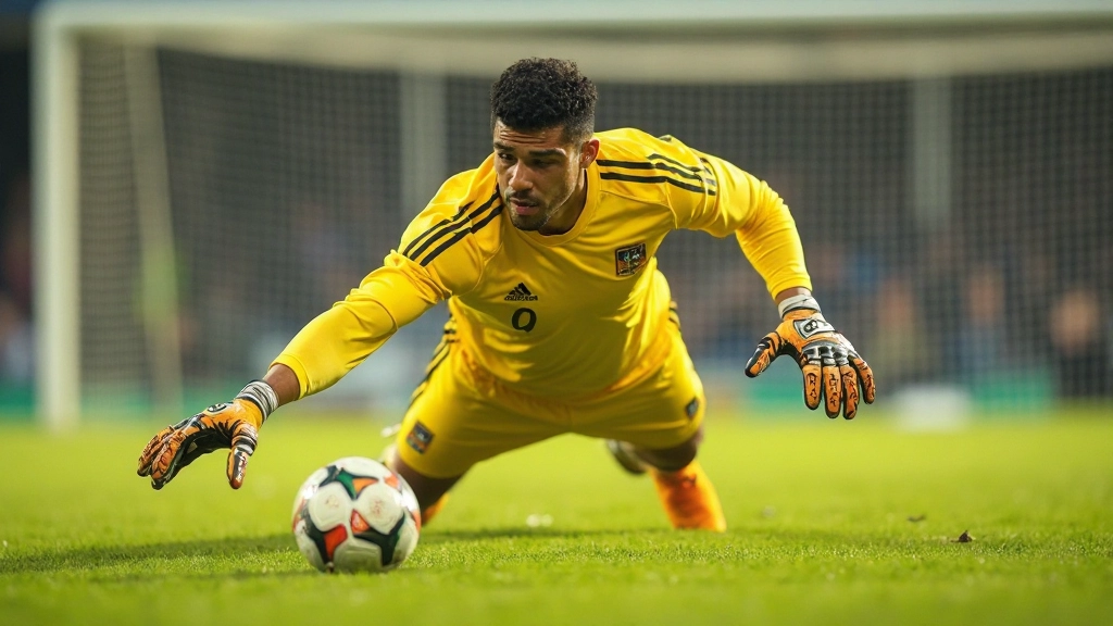 حارس مرمى احترافي يقوم بحركة حفظ الكرة في ملعب كرة القدم