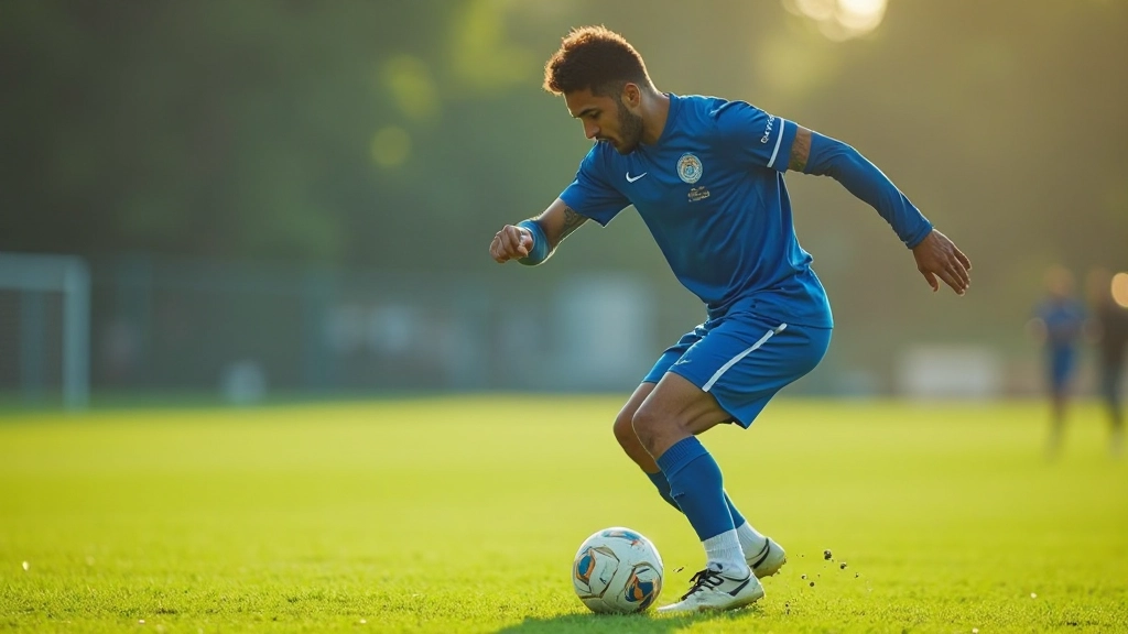 لاعب كرة قدم يمارس تمرين التمرير بدقة على ملعب العشب