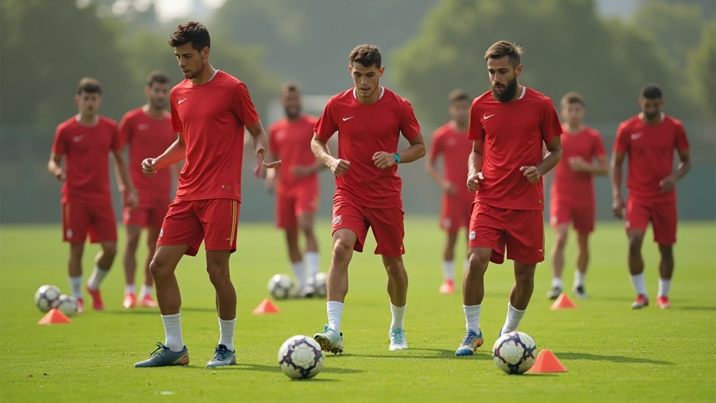 مجموعة لاعبين يقومون بتمرين التمرير المتقدم مع أقماع في ملعب التدريب