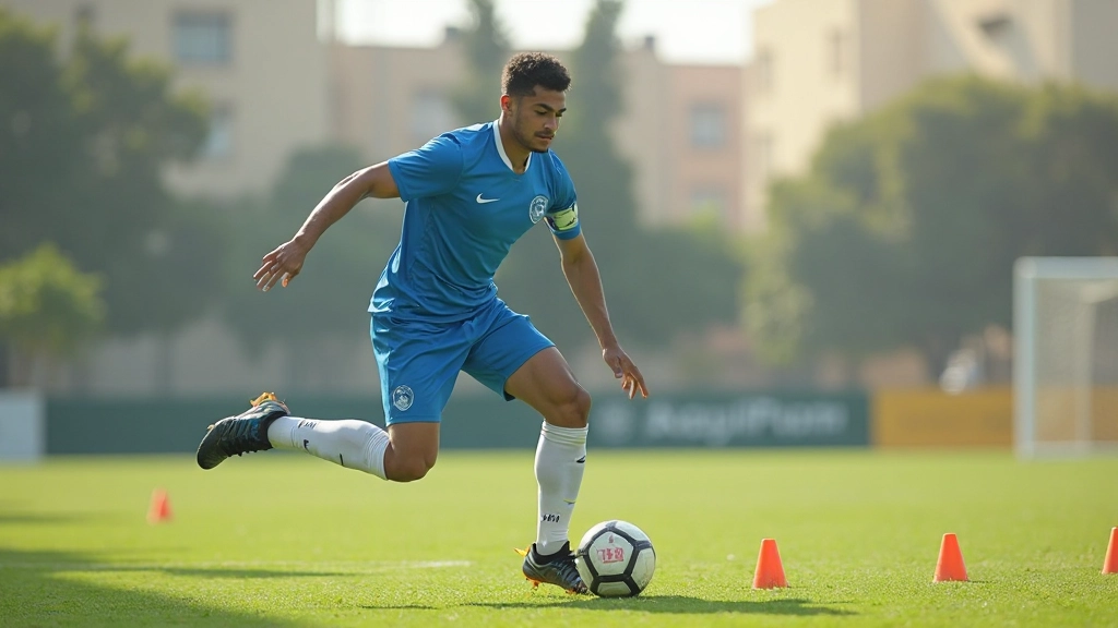 لاعب كرة قدم شاب يقوم بتمرين تحسين السرعة والرشاقة في ملعب تدريب